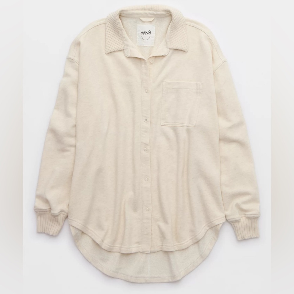 Aerie lumberjane fleece button up shirt - cream oatmeal beige long sleeve